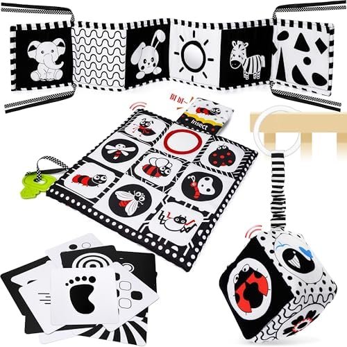 Jouet Livre Tissu Montessori Bébé Eveil 0-12 Mois Carte Noir et Blanc Bébé Cadeau Naissance Fille Garcon Jouet Sensoriel Hochet Bebe