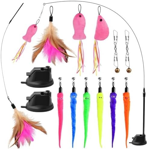 Jouet pour Chat, Jouets pour Chat intérieur, 13 Pièces Jouet à Plumes pour Chats, Peche Chat avec Ventouse