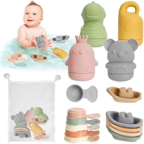 Jouets de Bain, 15 Pièces Jouet de Bain pour Bebe Jouets à Presser Sensoriels avec Bateaux Empilables et Cuillère, Jeux de Bain Bebe Jouet de Bain Bebe 1 2 3 Ans Cadeaux d'anniversaire pour Les fêtes
