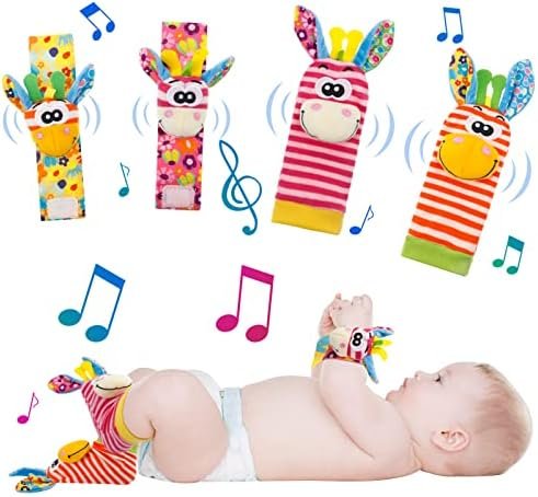 KroY PecoeD Bébé Poignet et Chaussettes Hochet, 4 Pcs Hochet Bebe Bell Strap Poignet et Pied Finder Jouets d'éveil pour Tout-petits Garçons Filles Développement Sensoriel Cadeau