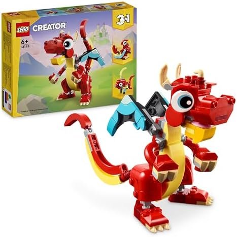 LEGO Creator 3-en-1 Le Dragon Rouge, Jouet avec 3 Figurines d'animaux, Dont Un Dragon Rouge, Un Poisson et Un Phénix, Set Animaux pour Enfants, Cadeau pour Garçons et Filles, Dès 6 Ans 31145