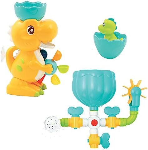 LUDI - Coffret de Bain Dino - 1 Circuit d’Eau à Construire, 1 Grand Dinosaure, 1 Bébé Dino Aspergeur - Jouet de Bain pour Bébé à Ventouser - Modulable, Evolutif et Éducatif - À Partir de 18 Mois