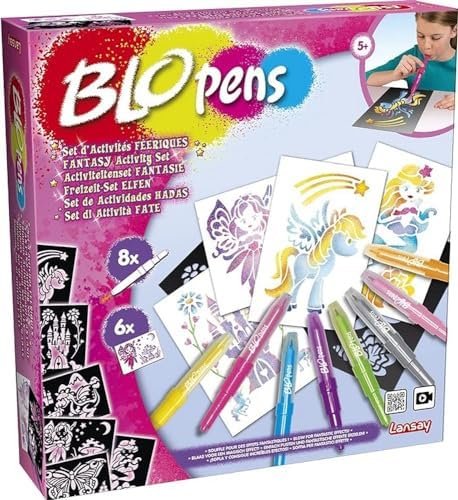 Lansay - BLOPENS - Set Activités Féeriques - Feutres de Coloriage À Souffler Avec Pochoirs Réutilisables - Idée Cadeau Enfants dès 5 Ans - Kit Création Dessins Fées, Licornes & Sirènes Pailletées