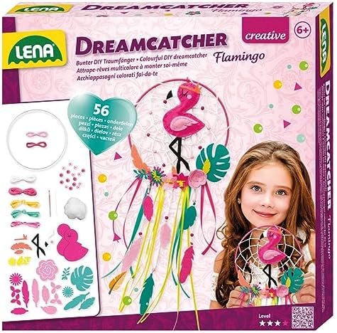 Lena 42700 - Kit de Bricolage Dreamcatcher Flamingo, 56 pièces, pour fabriquer Un Attrape-rêves avec Anneau, Rubans et ficelles colorés, Perles et Fleurs en Tissu, kit pour Enfants à partir de 6 Ans