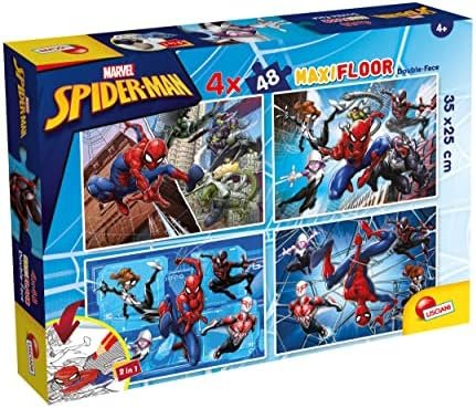 Lisciani - MARVEL SPIDERMAN - 4 Puzzles pour Enfants dès 4 ans - 4 x 48 pièces - MaxiFloor 35x25 cm - Puzzles 2 en 1 - Double Face avec Verso à Colorier - Jeux Educatifs - Réflexion et Patience