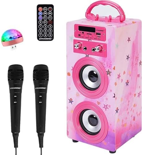 Machine à Karaoké Portable DYNASONIC avec 2 Micros, Enceinte Haut-Parleur Bluetooth, Designs Exclusifs, Lecteur USB/SD, Lumières, Cadeau pour Enfants (Modele 15 lumière)