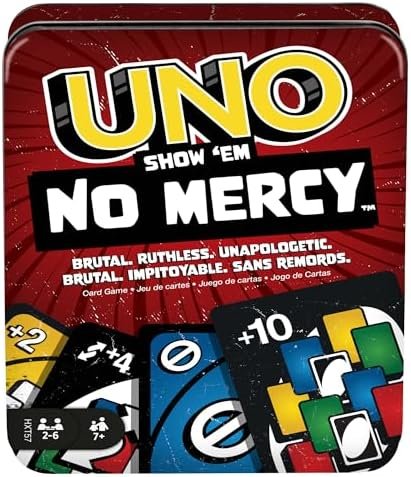 Mattel Games UNO No Mercy Jeu de cartes dans sa boîte de transport et de voyage, pour des soirées jeux en famille, avec des règles spéciales et des pénalités plus sévères, HXT57