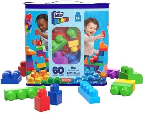 Mega Bloks, Blocs De Construction, Grand Sac De Construction Bleu, Couleurs Classiques, 60 Blocs De Construction Empilables, Jouet Enfant, Jouet pour Enfant de 1 Ans et Plus, DCH55