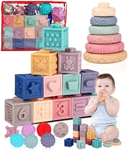 Montessori (25 pièces) pour Enfants 6 Mois et Plus, Cube Balle Sensoriels Souples a Empiler, Anneaux d'empilage, Jeux Eveil, Jouet de Bain et Dentition pour 6-12 Mois, Jouet Bebe 6 Mois