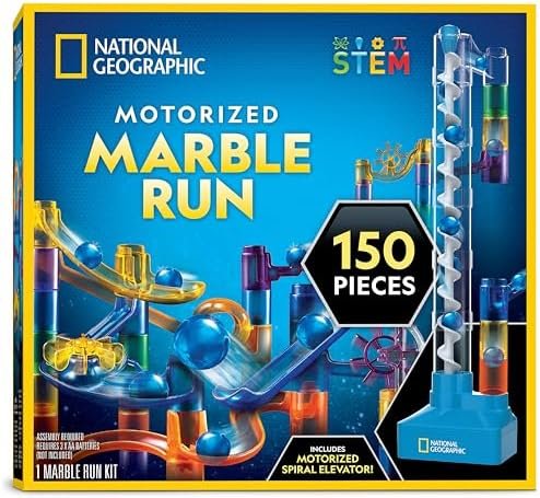 National Geographic Parcours de Billes avec Élévateur Motorisé - Kit 150 Pièces avec Élévateur Spiral, 30 Billes, Sac de Rangement, Machine à Mouvement Perpétuel, Jeu pour Enfants