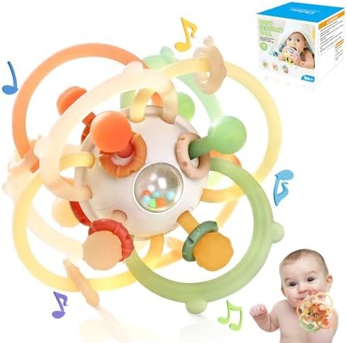 Orzbow Jouet Anneau Dentition Bebe,Silicone Jouet Educatif Bebe 1 An,Hochet Bebe 0 3 6 Mois Jeux Montessori Eveil Bebe 0 6 12 Mois,Balle Sensorielle Bebe Eveil,Cadeau Naissance Fille et Garçon,Kaki