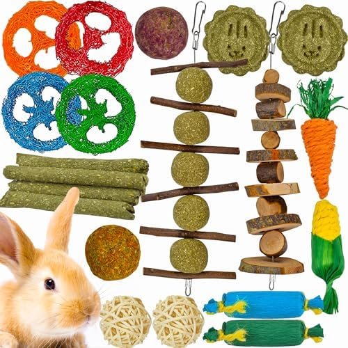 Ousiya Lot de 21 jouets à mâcher naturels pour lapin, hamster, cochon d'Inde et chinchilla, bâtonnets de foin Timothy en bois de pommier pour lapin et petits animaux