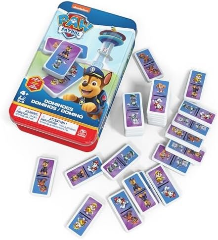 Paw Patrol - Pat Patrouille - Boîte Métal Dominos - Jeu de Société - 28 Dominos Héros Chiots - Jeu d'Équilibre Patience Raisonnement - Pat Patrouille Jouet - Jouet Enfant 4 Ans et +