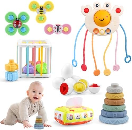 Pgtc Ensemble de Jouets Montessori pour Les bébés,Comprenant Un Jouet à Tirer,Une Boîte à Mouchoirs,Une Toupie à Ventouse,Une Boîte Magique,des œufs Surprise,des Jouets éducatifs et Sensoriels