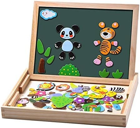 Puzzles en Bois Magnétique 100 Pièces, Tableau Double Face Aimanté, Planche à Dessin Stylos Colorés Craies, Jouet Educatif Enfant 3 Ans Plus