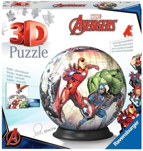 Ravensburger - Puzzle 3D Ball - Marvel Avengers - A partir de 6 Ans - 72 pièces numérotées à Assembler sans Colle - Support Inclus - Diamètre : 13 cm - 11496