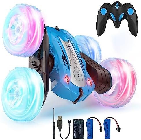 Rodzon Voiture Télécommandée Enfant, 360°Rotation Camion Cascadeuse avec Feux de Roue, 2.4GHz RC Radiocommandee Jeux Extérieur Jouet Cadeau pour Garçon Fille 6 Ans et Plus,2 x Batterie (Bleu)