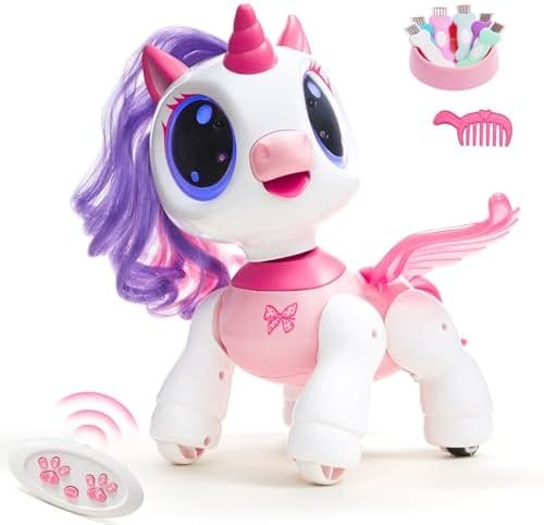 SGILE Licorne Jouet Fille Rc Robot Enfant 3 4 5 6 7 Ans, Intéractif, Détection des Gestes, Programmable, Musique Danse Marche avec LED Cadeau d'anniversaire, Rose