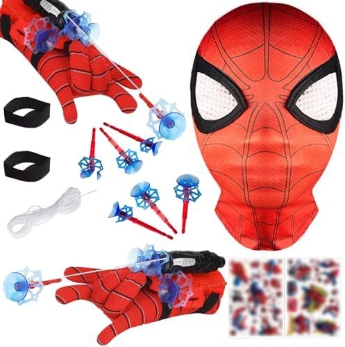 STFYUG Lot de 2 Gant de Lanceur Spiderm, Gant Spiderm, Lance Toile Spiderm, Spiderm Jouet, Spiderm Launcher avec Masque et Autocollants, Jouet Spiderm pour Noël, Spiderm Gant EE Cosplay pour Enfants