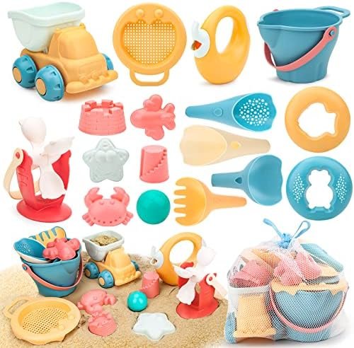 Sanlebi Kit de Jeu de Plage Enfant -17 pièces Jouet de Sable avec Sac en Filet, Seau Plage, Roue À Eau, Pelle Râteaux Moules à Sable Jouets de Plage pour Enfants