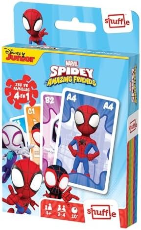 Shuffle – Spidey et Ses Amis Extraordinaires - 4 Jeux en 1-7 Familles, Paires, Action et Batailles - Jeu de Cartes Enfants & Famille – À partir de 4 Ans