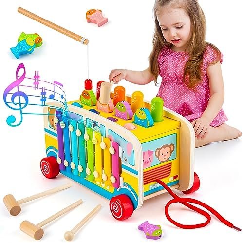 Sundaymot Jeux Montessori 1 an, 4 en 1 Jouet Xylophone Bebe, Jeux Educatif 3 Ans, Idée Cadeau Garcon Fille 3 4 5 6 7 Ans -Version Bus