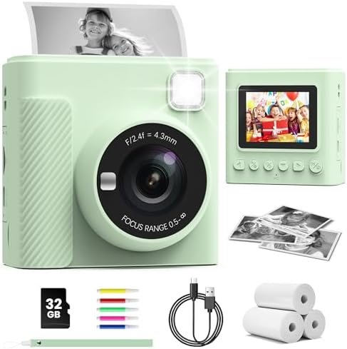 TIATUA Appareil Photo Instantané Enfants, 1080P Appareil Photo Numérique Enfant & Caméra Vidéo avec Carte de 32GB & Rouleaux de Papier d'impression, Cadeaux pour Garçons & Filles de 3 à 12 Ans