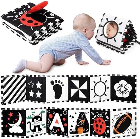 URMYWO Livre Tissu bébé 0-3-6-12 Mois,Livre Noir et Blanc Bébé Montessori,Livre de Haute Contraste en Tissu Sensoriel Bébé Naissance,Jouet eveil Bebe 0-3-6 Mois,Cadeau Parfait pour Bébé