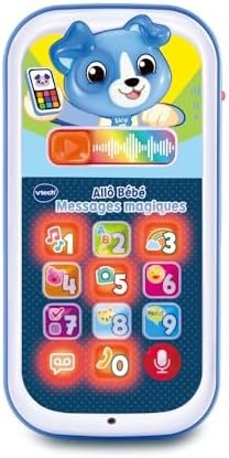 VTech - Allô Bébé Messages Magiques Bleu, Premier Téléphone Interactif, Parlant et Musical avec Enregistreur Vocal, Changeur de Voix et Effets Lumineux, Cadeau Bébé Dès 9 Mois - Contenu en Français