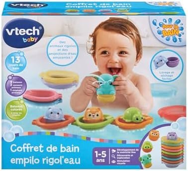 VTech - Coffret de Bain Empilo Rigol'Eau, 13 Jouets de Bain Bébé, Animaux Rigolos, Éléphant Arroseur, Bateaux à Relier et Empiler, Cadeau Enfant Fille et Garçon Dès 1 an - Contenu en Français
