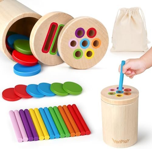 Vanplay Jeux Montessori 2 à 3 Ans - Jouet en Bois Éducatif avec Activités de Tri Sensoriel