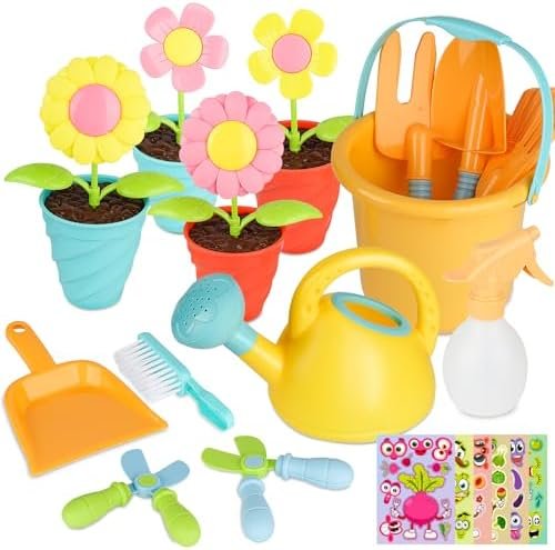 YAOZUP 24 Pièces Jouet de Jardin Enfants avec Autocollants, Jouets de Jardinage pour Enfants, Jouets de Sable pour Filles, Arrosoir pour Enfants Pelle Râteau, Jeux Exterieur Enfant à Partir de 2 Ans