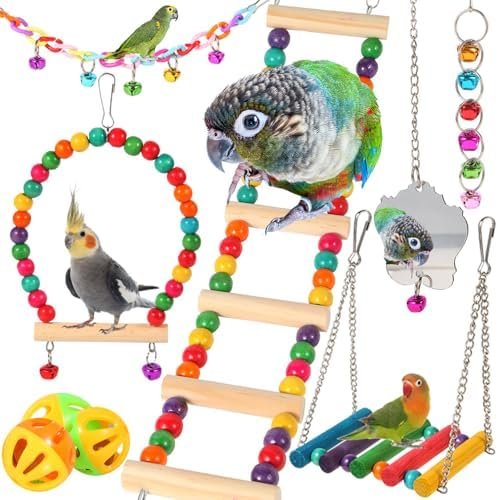 YIXUND Jouets pour oiseaux pour perruches, perroquets, conures, calopsittes, inséparables, pinsons, mynas, perruches – 9 pièces pont échelle en bois, balançoire, hamac, accessoires de cage