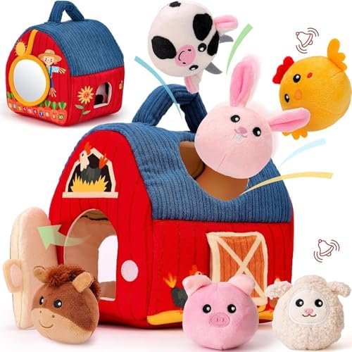 hahaland Jouet Bebe 6 Mois Animaux de la Ferme en Peluche, Jeux Montessori avec Grange, Hochets, Miroirs Jouet Sensoriel Bebe 0-6 Mois, Cadeau Bebe Enfant 3 6 9 Mois Garçon Fille