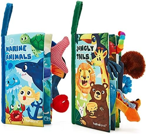 hahaland Jouet de Livre Tissu pour Bébé 0 3 6 Mois Jouet Poussette pour Bébé 8 9 Mois Livre Suspendre Set Doux Froissé Convient pour Un Cadeau de Naissance Fille Garçon, 2PCS