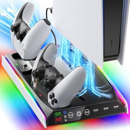 Fenolical PS5/Slim/Pro Stand with Adjustable Cooling Fan, Vertical PS5 Cooling Charger Stand for PS5/Slim/Pro, Cooling Station Faceplates, Protectors