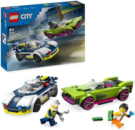 LEGO City La Course-Poursuite entre la Voiture de Police et la Super Voiture, Jouet Imaginatif et de Rôles, Minifigurines d'Agent et Voleuse, Cadeau pour Garçons et Filles Dès 6 Ans 60415