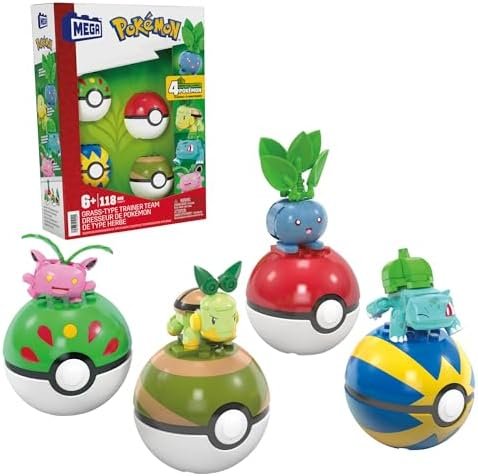MEGA Pokemon Plant-Type Pokémon Trainer 118 Piece Building Set Includes Bulbasarre, Tortipous, Granivol and Mystherb Action Figures - Gift Idea for Kids