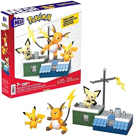 Mega Pokémon Evolution Pikachu Building Set with 3 Articulated Figures Including Pichu, Pikachu and Raichu, 160 Bricks and Pieces, Children's Toy, From 6 Years, HKT23