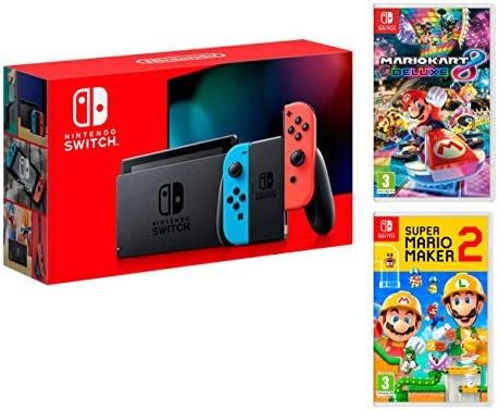 Nintendo Switch Rouge/Bleu Néon 32Go [Nouveau modèle] + Super Mario Maker 2 + Mario Kart 8 Deluxe