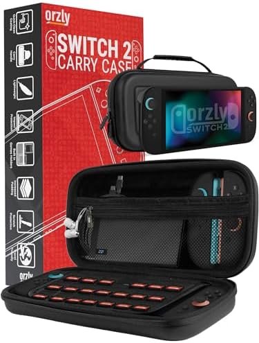 Orzly Étui de Transport pour Console Nintendo Switch 2 (2025), étui Rigide avec Rangement Intelligent pour Accessoires et 20 Poches pour Jeux, édition Coffret Cadeau (A Switch 2 Black (2025 Console) Case)