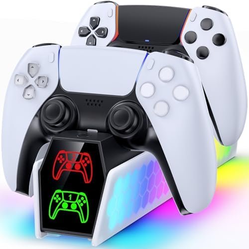 PS5 Controller Charging Station with RGB Light & LED Indicator, PS5 Controller Charger for PS5/PS5 Edge Controllers, Charging Station Accessories with USB-C Cable