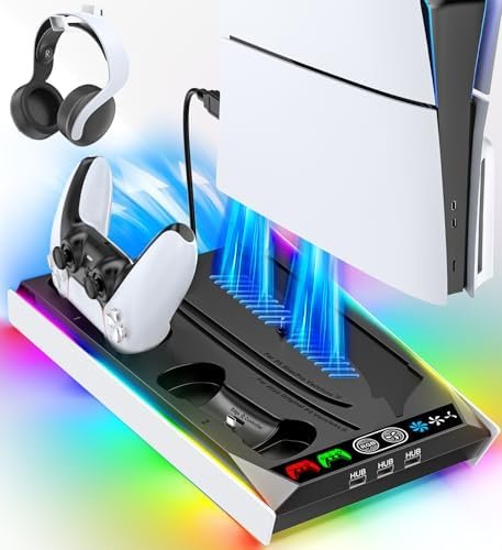 PS5/ PS5 Slim/ PS5 Pro Disc & Digital Cooling Station with 3 Levels Fan PS5 Controller Charger for PS5 and Edge Controller, PS5/Slim/Pro Accessories
