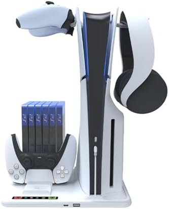 PS5 Slim Console Cooling Station with Dual Charging Station for PS5 Controllers with 6 Game Disc Slots, 2 Hook
