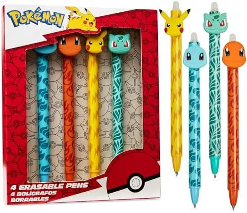 Pokemon Set of 4 Pikachu Erasable Pens School Supplies Kawaii Cute Kawaii Stationery Kit Blue Ink Ballpoint Pen Gift Child Anime