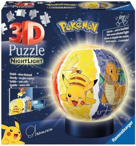 Ravensburger - Illuminated 3D Ball Puzzle - Pokémon - Ages 6+ - 72 numbered pieces to assemble without glue - Light base included - 11547