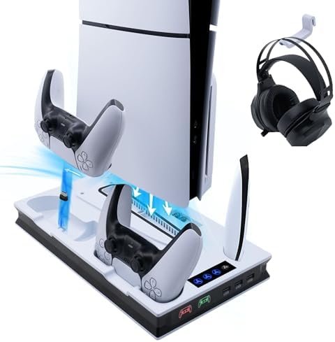 Wigearss PS5/PS5 Slim/PS5 Pro Cooling Station Fan, Vertical Charging Stand with Dual Controller Charger, 3 Levels Adjustable Ventilation Speed