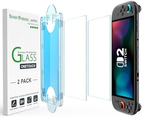 amFilm OneTouch Tempered Glass Screen Protector for Nintendo Switch 2 2025 with Automatic Alignment Kit, Bubble Free [2 Pieces]