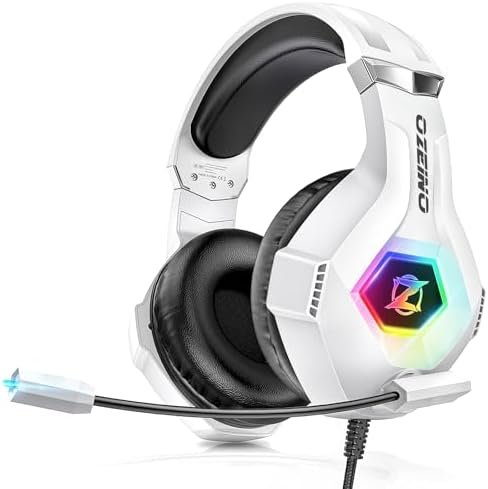 Ozeino Gaming Headset for PS5 PC PS4, Gaming Headset for Micro RGB 7 Colors Transducers 50mm Stereo Bass Mic Adjustable Noise Cancelling Compatible with Switch Xbox Series X & S-White