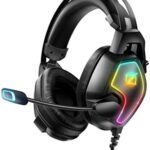Ozeino Gaming Headset for PS5 PS4 PC Xbox Switch, Noise Cancelling Gaming Headset with Microphone, RGB Light, Self-Adjustable Suspension Headband, 3.5mm Jack Headset